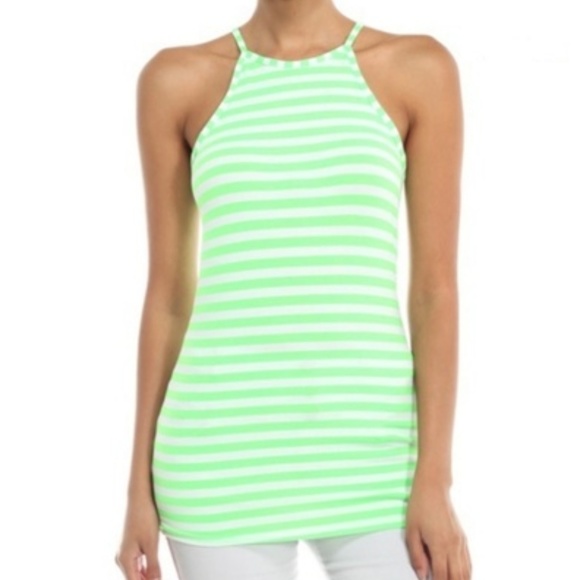 Tops - Lime Green and White Striped Halter Cami